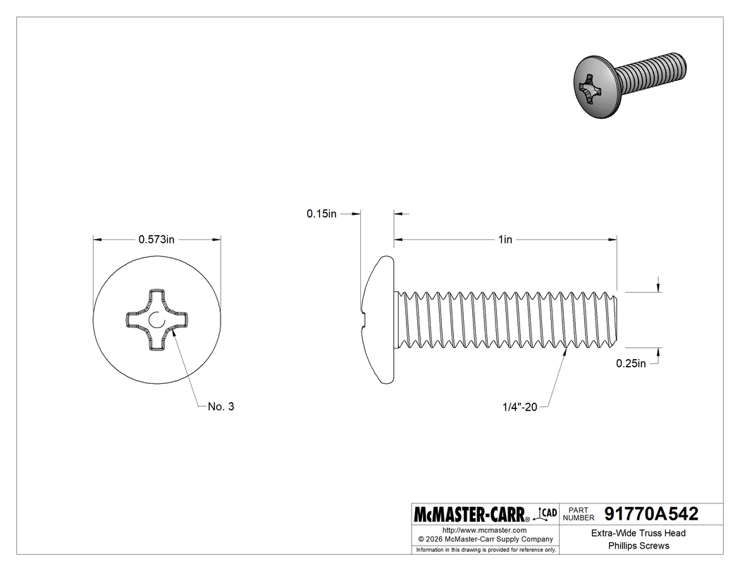 Technical Drawing of 18-8 Stainless Steel Truss Head Phillips Screw, 1/4"-20 Thread Size, 1" Long.